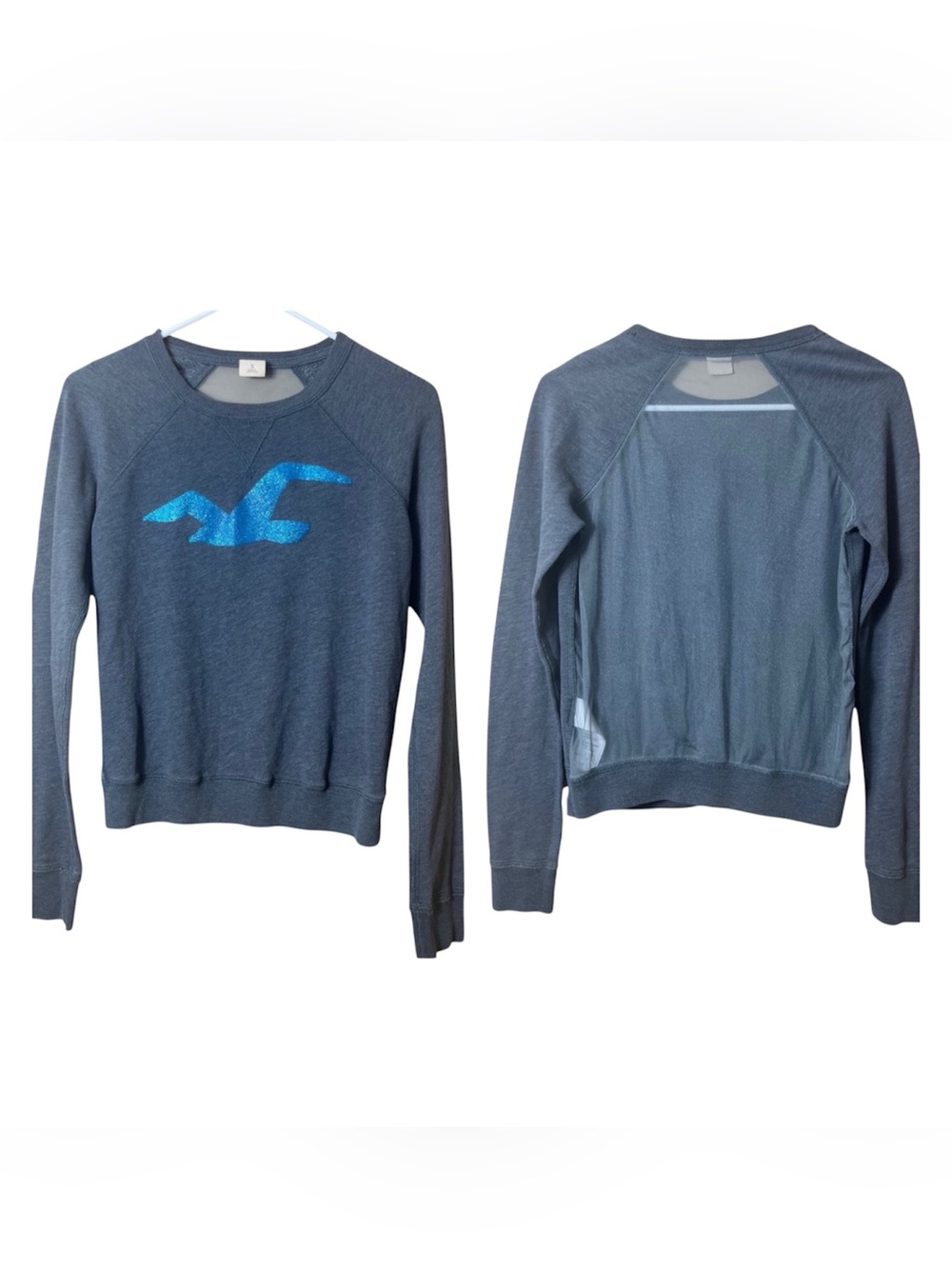 Hollister Gray Glitter Logo Mesh Back Sweatshirt Size Small Y2K Seagull Retro